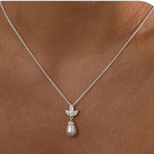 Dainty Silver Pearl Necklace | Single Pearl Pendant | Elegant Adjustable 16.9”